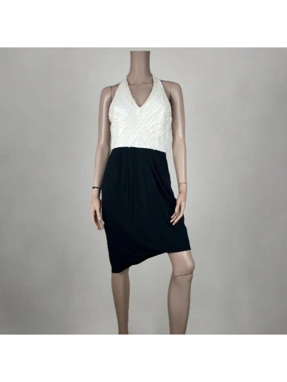 BCBG Black & White Textured Frayed Cream Halter Office Cocktail Dress w/ Pocket